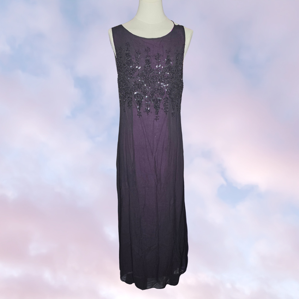 Vintage Nostalgia Black Purple Beaded Sequins Strappy Boho Rayon Maxi Dress L